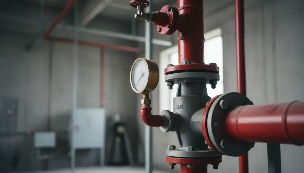 Red standpipe piping with a flanged valve and a brass pressure gauge in a plant room