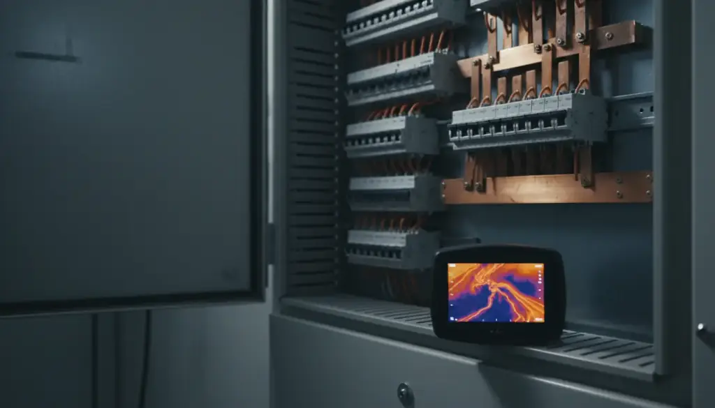 A thermal imaging camera resting on the ledge of an open electrical distribution panel, its screen showing a heat map of the breakers