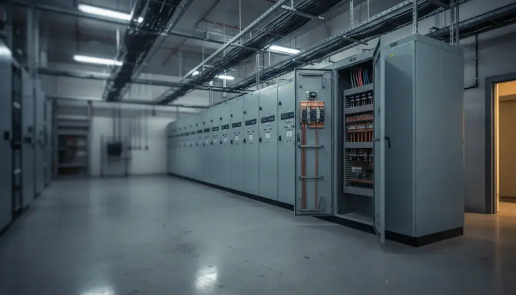 A long run of grey switchgear cabinets in a commercial building's electrical room, one door open on copper bus bars