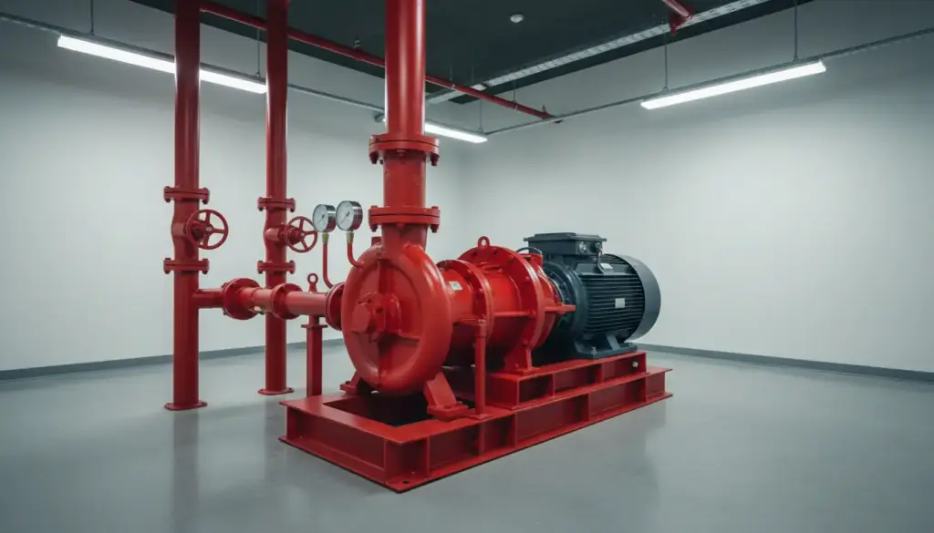 A red split-case fire pump and motor on a steel skid with red standpipe risers and pressure gauges
