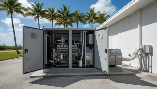 A standby diesel generator in an open steel enclosure on a concrete pad beside a white commercial building, palms behind