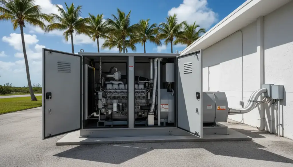 A standby diesel generator in an open steel enclosure on a concrete pad beside a white commercial building, palms behind