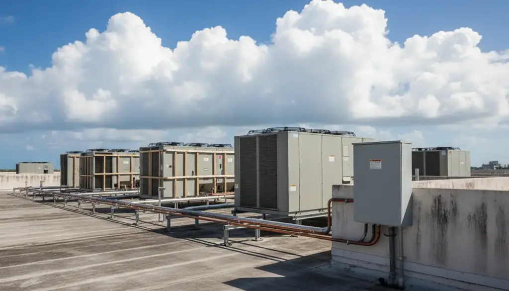 Packaged rooftop air conditioning units and refrigerant lines on a flat commercial roof under a tropical sky