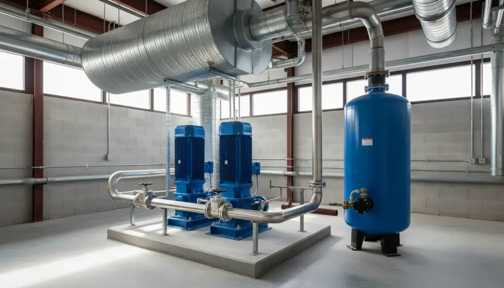 A pair of blue vertical booster pumps, a pressure tank and galvanized exhaust ductwork in a plant room