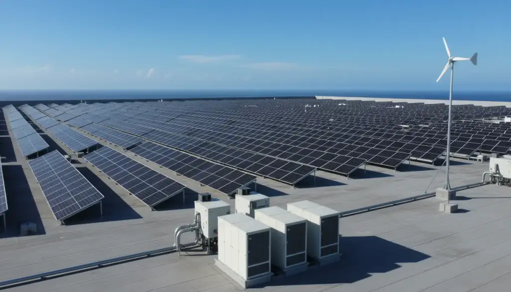 Rows of solar panels and a small wind turbine on the flat roof of a commercial warehouse by the sea